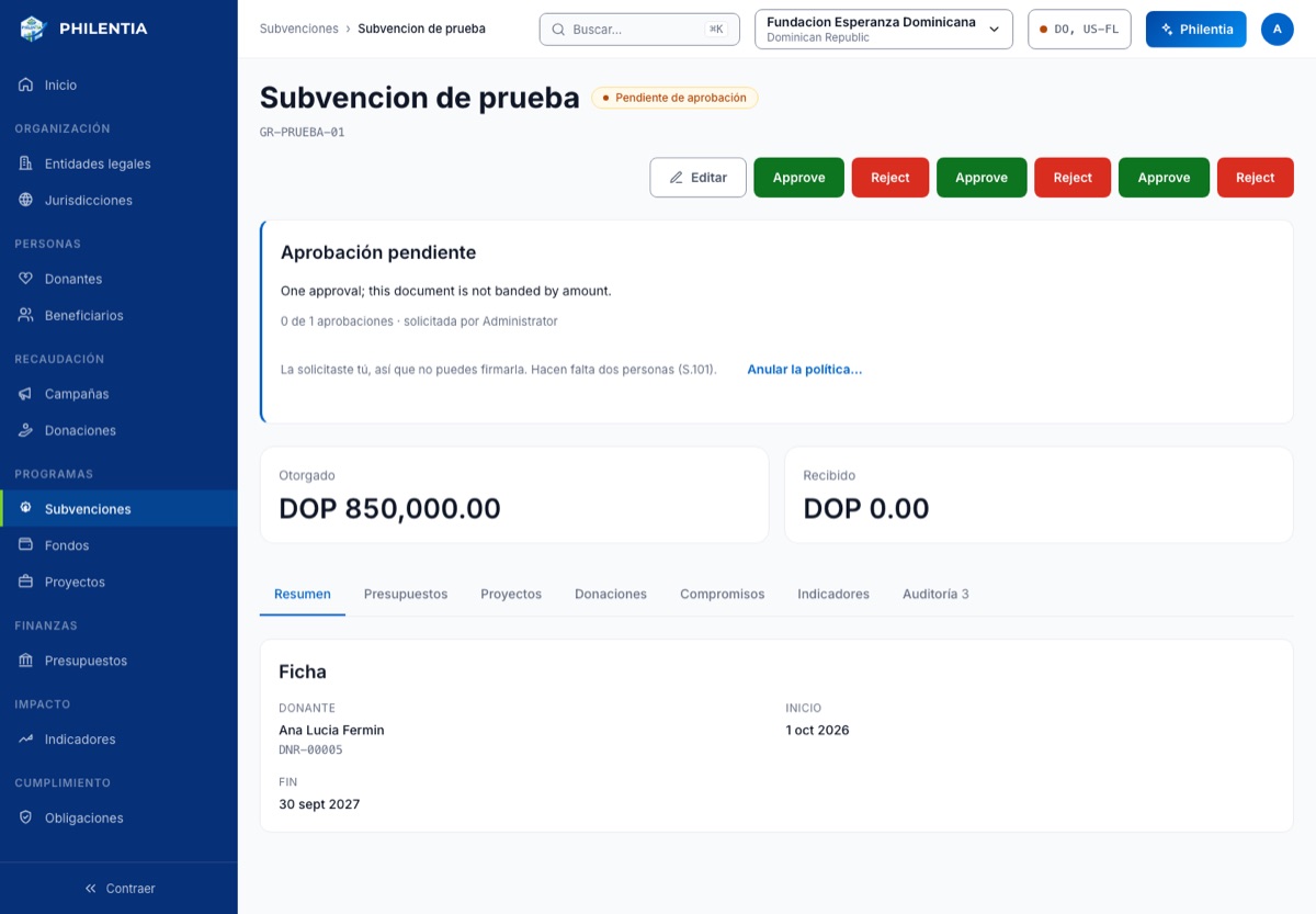 Detalle de una subvención pendiente de aprobación: la persona que la solicitó no puede firmarla