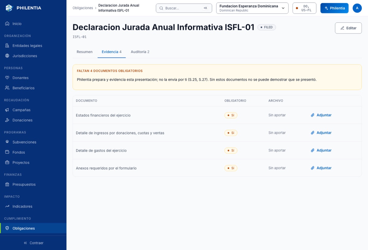 Pestaña de evidencia de una obligación: cuatro documentos obligatorios pendientes de adjuntar